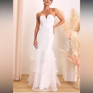 Lulu’s White Forever Passionate Organza Strapless Tiered  Maxi Dress NWOT Size S